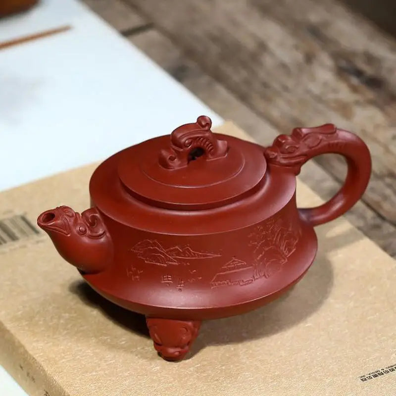 Dahongpao Kung Fu Handmade Teapot, Kung-Fu Teaware, Purple Clay Drinkware for Puer, Three-Legged Dragon Pot, Yixing, Raw Ore