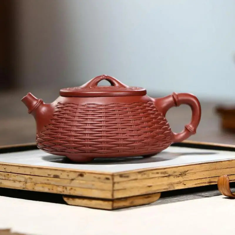 Dahongpao-Handmade Bamboo Woven Stone Scoop Pot, Zisha Teapot, Kung-Fu Teaware, Purple Clay, Drinkware for Puer Green