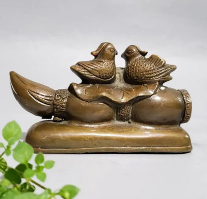 China brass Lotus root Mandarin duck penholder crafts statue