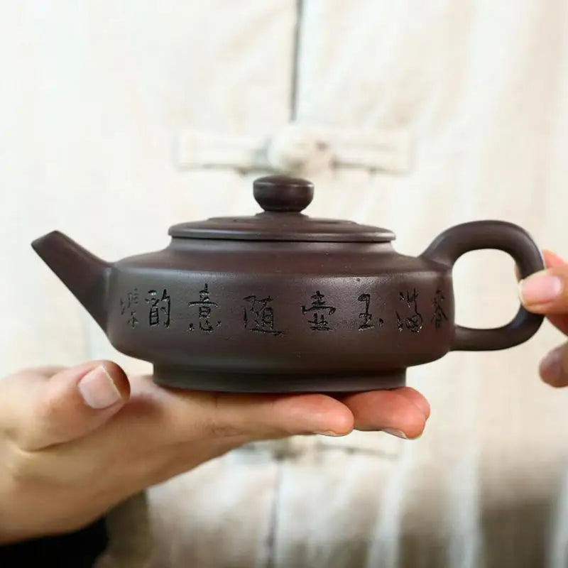 Old Purple Clay Han Flat Pot Zisha Teapot, Yixing Handmade Pot, Kung-Fu Teaware, Purple Clay Drinkware for Puer Green and Black