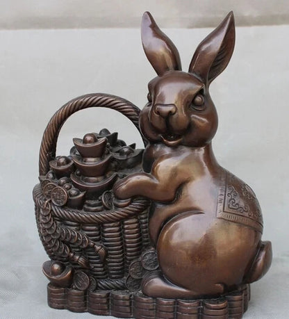 wholesale factory 11" Lucky Chinese Pure Bronze Animals Lovely Rabbit Carry Wealth Treasure Statue 25% off