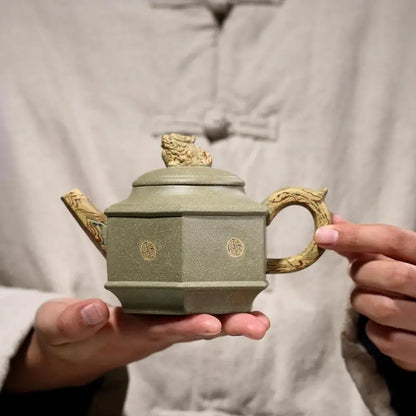 Bean Green Clay 6-Party Auspicious Pot Zisha Teapot Yixing Handmade Pot, Kung-Fu Teaware Purple Clay Drinkware for Puer Green