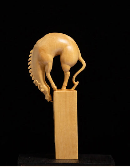 CCZHIDAO Horse Drinking River Chinese Boxwood Solid Wood Seal Animal Sculpture Carrying Lucky Zodiac Carving Home Decoration