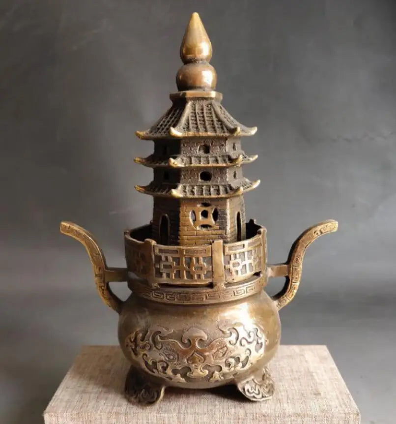China brass archaize tower Incense burner crafts statue