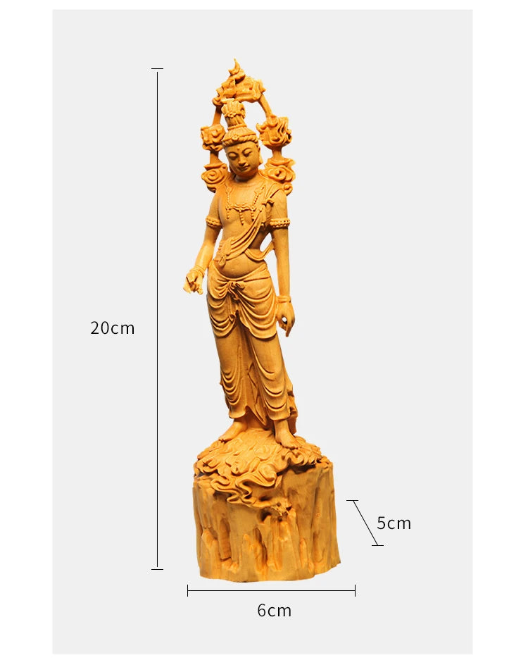 Feng Shui 20CM Buddha GuanYin Wood Boxwood Statue Collection Sculpture Mascot Historical Myth God Figure Home Decor