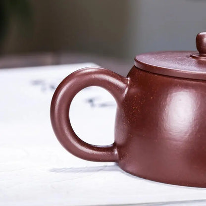 Zisha Teapot with Small Flat Lid, Handmade Pot, Kung-Fu Teaware, Purple Clay Drinkware for Puer Green and Black, Vermilion