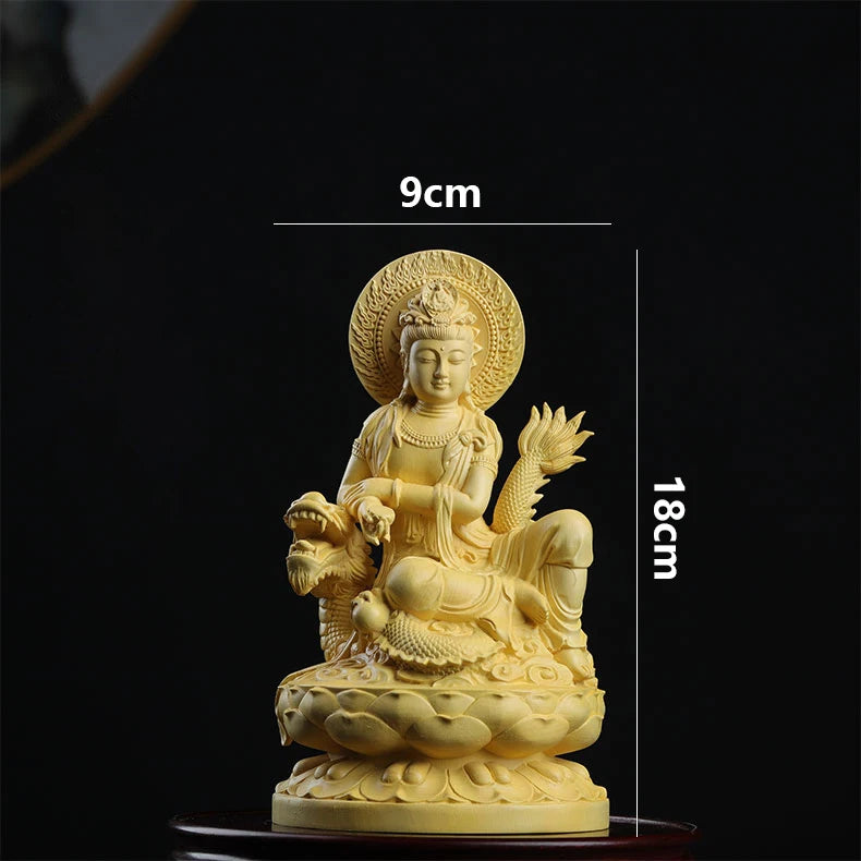 Boxwood 13cm Dragon Guanyin Sculpture Wood Buddha Statue Guan Yin Lucky Worship Feng Shui Home Decor