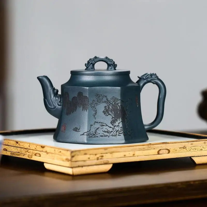 Carved Octagonal Pot, Zisha Teapot, Yixing Handmade Pot, Kung-Fu Teaware, Purple Clay Drinkware for Puer Green and Black