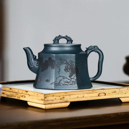 Carved Octagonal Pot, Zisha Teapot, Yixing Handmade Pot, Kung-Fu Teaware, Purple Clay Drinkware for Puer Green and Black