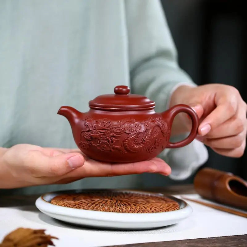 Yixing Teapot, Zisha Drinkware, Original Mine Dahongpao, Dragon Pattern, Antique Pot,Suit for Green Tea,Dark,Chinese Gong,Fu