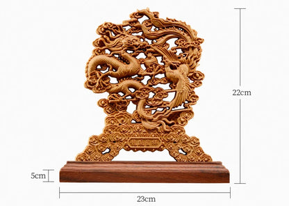 Thuja Wood 23CM Dragon Phoenix Sculpture Decorative Dish Hollow Wood Wealth Carving Lucky Gift Peaceful Collection Home Decor