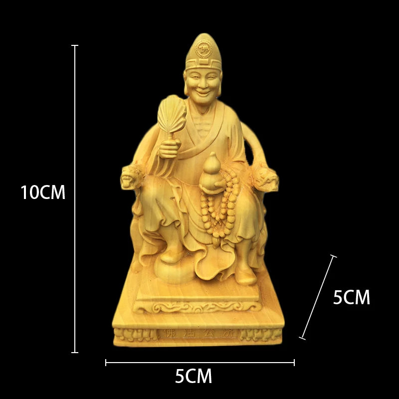 Boxwood 10cm Ji Gong Sculpture Crazy Monk Wood Carving Sitting Buddha Status Feng Shui Home Decor