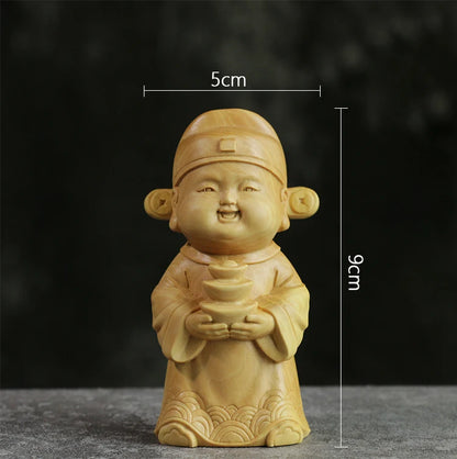 Boxwood 9cm Wealth God Sculpture Solid Wood Buddha Statue Feng Shui Cartoon Myth Collection Home Decor