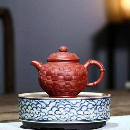 Dahongpao purple clay teapot, hand-painted bamboo woven round bead Zisha teapot, Kung Fu Teaware