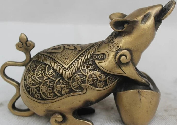 wholesale factory 5"China Chinese Folk Bronze Lucky Lifelike Money drawing Yuan Bao mouse Statue 25% off