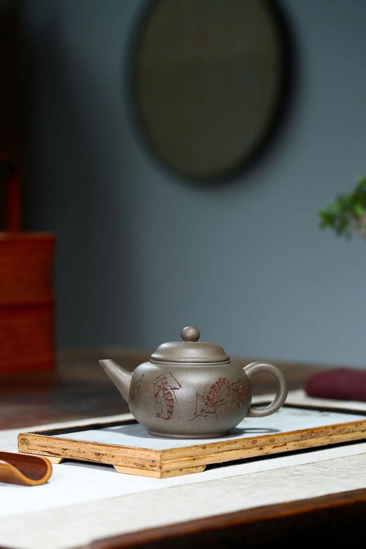 Purple Clay Pot,Green Grey Section Mud,Hand-carved,Shrimp Fun Horizontal,Yixing Teapot,Drinkware,Kettle,Zisha,Yixing,Gift