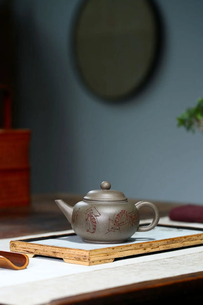 Purple Clay Pot,Green Grey Section Mud,Hand-carved,Shrimp Fun Horizontal,Yixing Teapot,Drinkware,Kettle,Zisha,Yixing,Gift