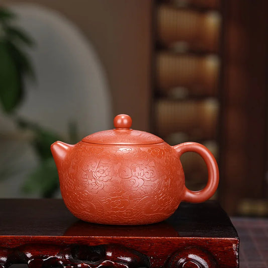 Dahongpao Carved and Painted Dragon Xishi Teapot, Zisha Teapot, Yixing Handmade Pot, Kung-Fu Teaware, Purple Clay Drinkware