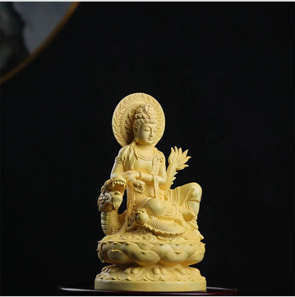 Boxwood 13cm Dragon Guanyin Sculpture Wood Buddha Statue Guan Yin Lucky Worship Feng Shui Home Decor