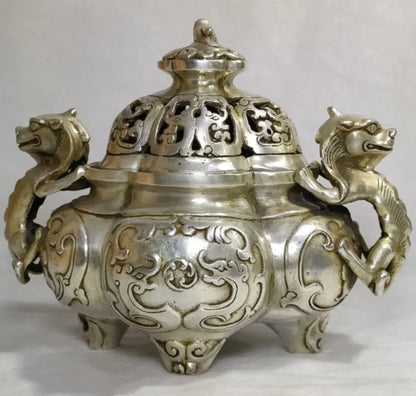 China White copper double ear dragon incense burner crafts statue