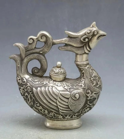 Chinese Tibet silver Phoenix bird Wine Tea Pot Flagon Claret Jug Statue