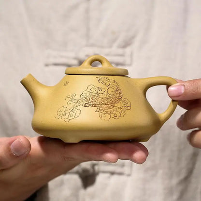 Golden Section of Mud Carved Huiziye Stone Scoop Pot, Zisha Teapot, Yixing Handmade Pot, Kung-Fu Teaware, Purple Clay Drinkware