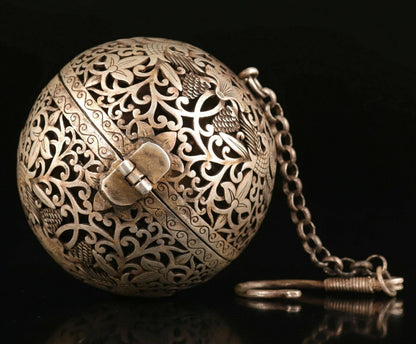 CHINESE Old TIBETAN SILVER COPPER PENDANT INCENSE BURNER OLD DRAGON PHOENIX