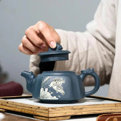 Handmade Kung-Fu Teaware of Purple Clay, Mud Painted Fish,, Zisha Teapot, Yixing Handmade Pot, Purple Clay Drinkware for Puer