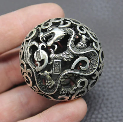 Old Chinese Tibetan silver Dragons and phoenixes Handball Round ball