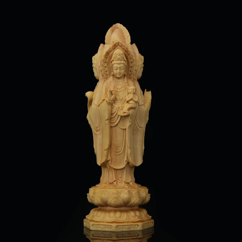 Boxwood 20cm Guanyin Sculpture Wood Buddha Statue Three Face Guan Yin with Boy Home Decor