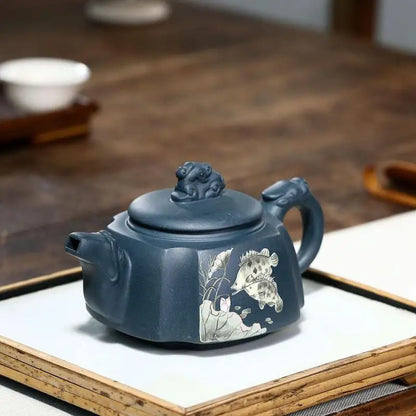 Handmade Kung-Fu Teaware of Purple Clay, Mud Painted Fish,, Zisha Teapot, Yixing Handmade Pot, Purple Clay Drinkware for Puer