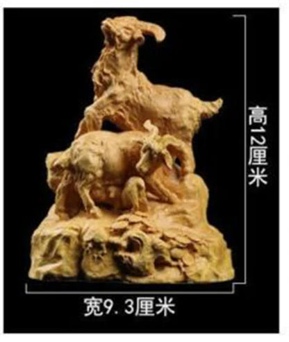 TJ153ca - 12X9.3X5.5 CM Carved Boxwood  Figurine Carving  : Goat Family