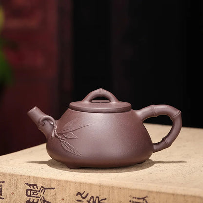 Handmade Bamboo Teapot with Stone Scoop, Zisha Teapot, Handmade Pot, Kung-Fu Teaware, Purple Clay, Drinkware for Puer, Green, Bl
