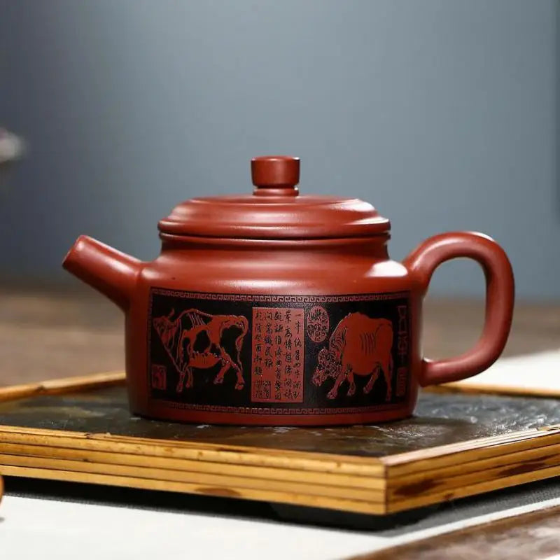 Dahongpao Carved And Painted Five Niu De Bell Pot Zisha Teapot Yixing Handmade Pot Kung-fu Teaware  Purple Clay Drinkware