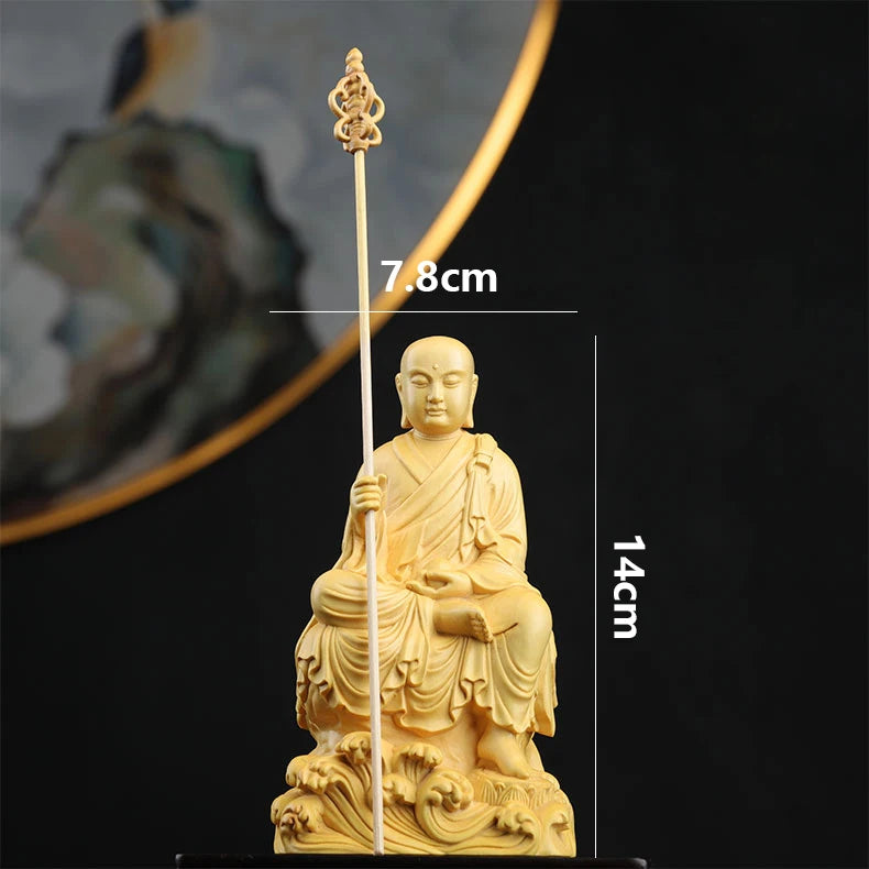 Boxwood 14cm Ksitigarbha Sculpture Wood Buddha Statue Sitting Monk Figure Waves Buda Collection Home Decor