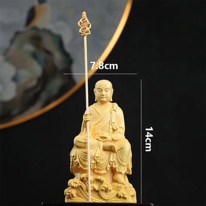 Boxwood 14cm Ksitigarbha Sculpture Wood Buddha Statue Sitting Monk Figure Waves Buda Collection Home Decor
