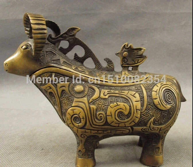 Folk Chinese Bronze Carved Animals Goat Sheep Zun Statue Incense Burner Censer