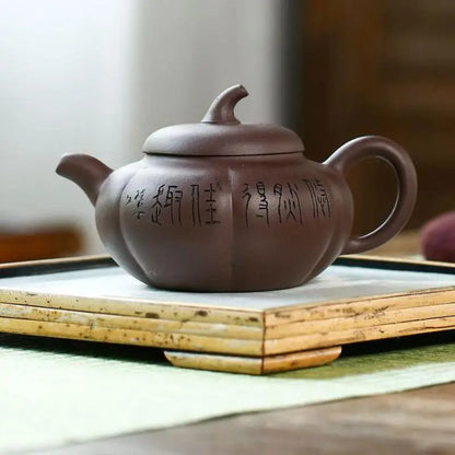 Handmade Kung-Fu Teaware of Purple Clay Painted Pumpkin Pot, Zisha Teapot, Yixing Handmade Pot, Purple Clay Drinkware for Puer G