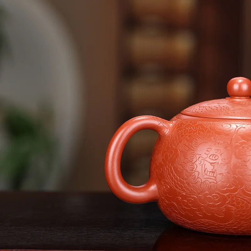 Dahongpao Carved and Painted Dragon Xishi Teapot, Zisha Teapot, Yixing Handmade Pot, Kung-Fu Teaware, Purple Clay Drinkware