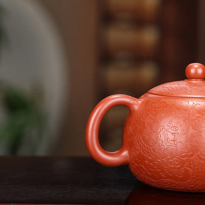 Dahongpao Carved and Painted Dragon Xishi Teapot, Zisha Teapot, Yixing Handmade Pot, Kung-Fu Teaware, Purple Clay Drinkware
