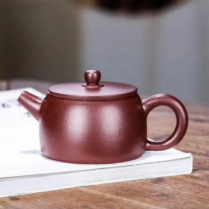 Zisha Teapot with Small Flat Lid, Handmade Pot, Kung-Fu Teaware, Purple Clay Drinkware for Puer Green and Black, Vermilion