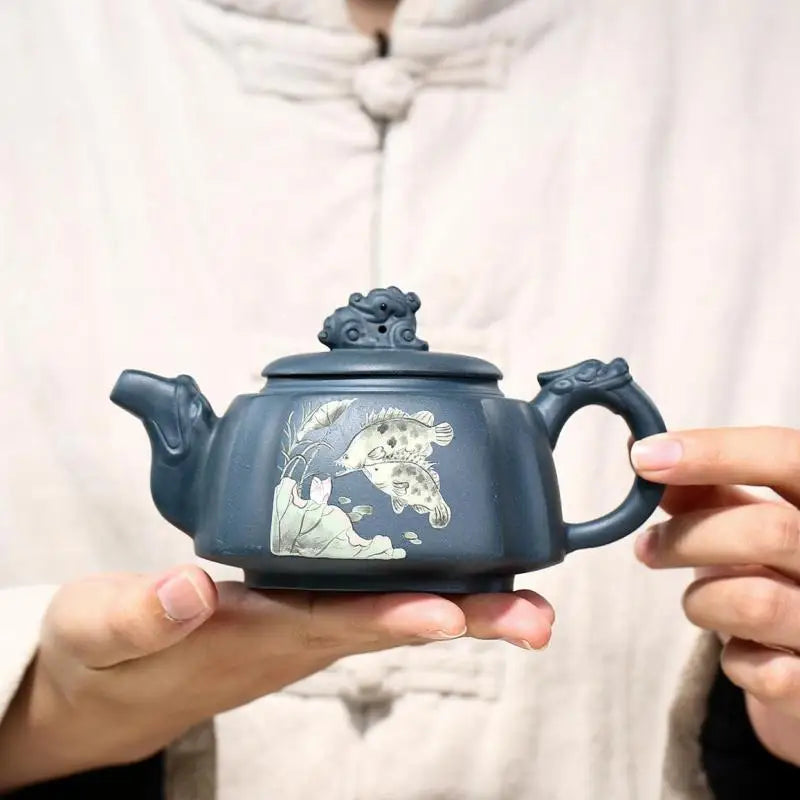 Handmade Kung-Fu Teaware of Purple Clay, Mud Painted Fish,, Zisha Teapot, Yixing Handmade Pot, Purple Clay Drinkware for Puer