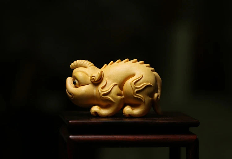 Boxwood 6cm Chinese Unicorn Sculpture Animal Wood Statue Ancient God Beast of China Feng Shui Home Decor