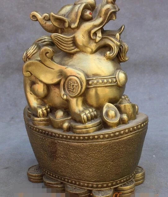 Folk Chinese FengShui Brass Wealth Kylin PiXiu Lion Unicorn Sit Yuanbao Statue