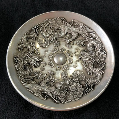 Chinese Rare Collectibles Old Handwork Tibet - Silver Dragon and Phoenix statue bowl home decor metal handicraft
