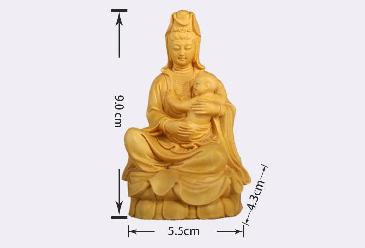 Guan Yin-Wooden Buddha Representation, Exquisite Sculpture for Home Decor, Artful Carved Miniature Sculpture for Elevated, Child