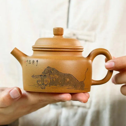 Handmade Kung-Fu Clay Teapot, Teaware Green, Handmade, Carved and Painted, Bullish German Pot, Teaware Green