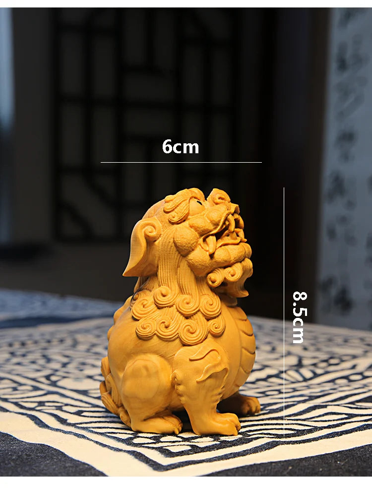 Boxwood 8.5CM Suan Ni Sculpture Chinese Mythical Beast Wood Auspicious Animal Pixiu Statue Home Decor