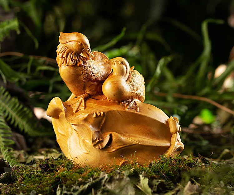 Boxwood 12CM Mandarin Duck Sculpture Lucky Wood Animal Statue Fall In Love Home Decoration