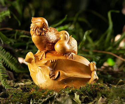 Boxwood 12CM Mandarin Duck Sculpture Lucky Wood Animal Statue Fall In Love Home Decoration